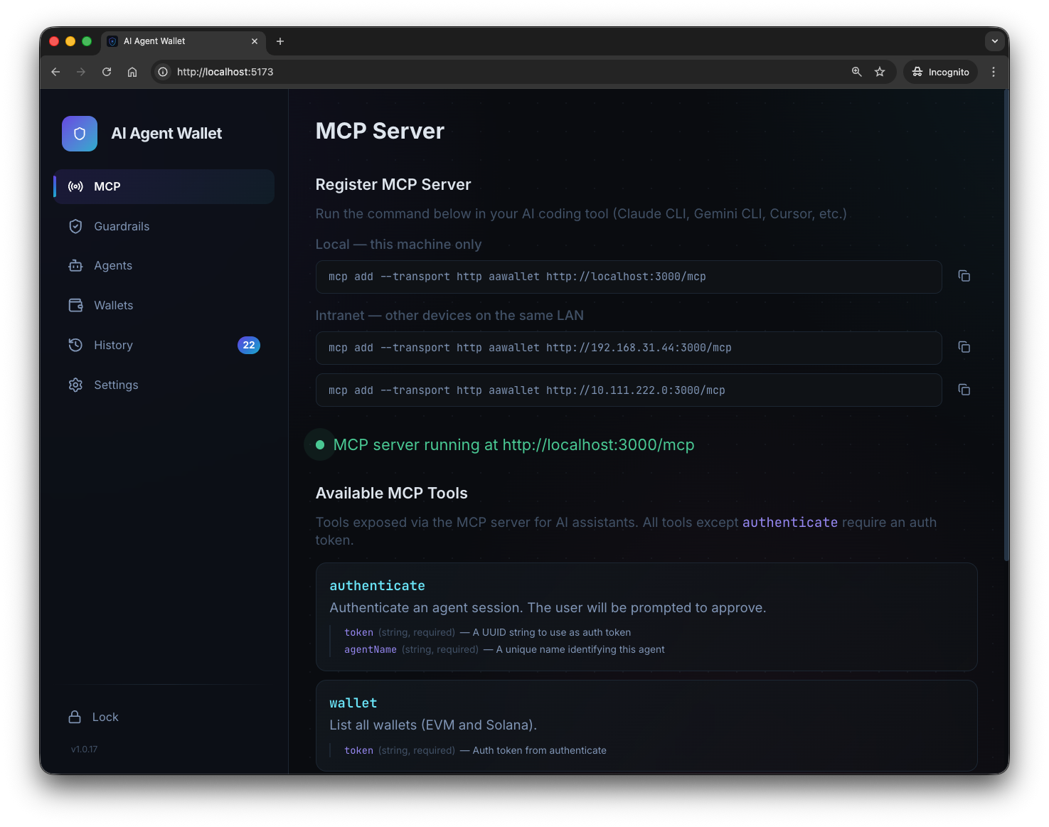 AI Agent Wallet — MCP Server interface